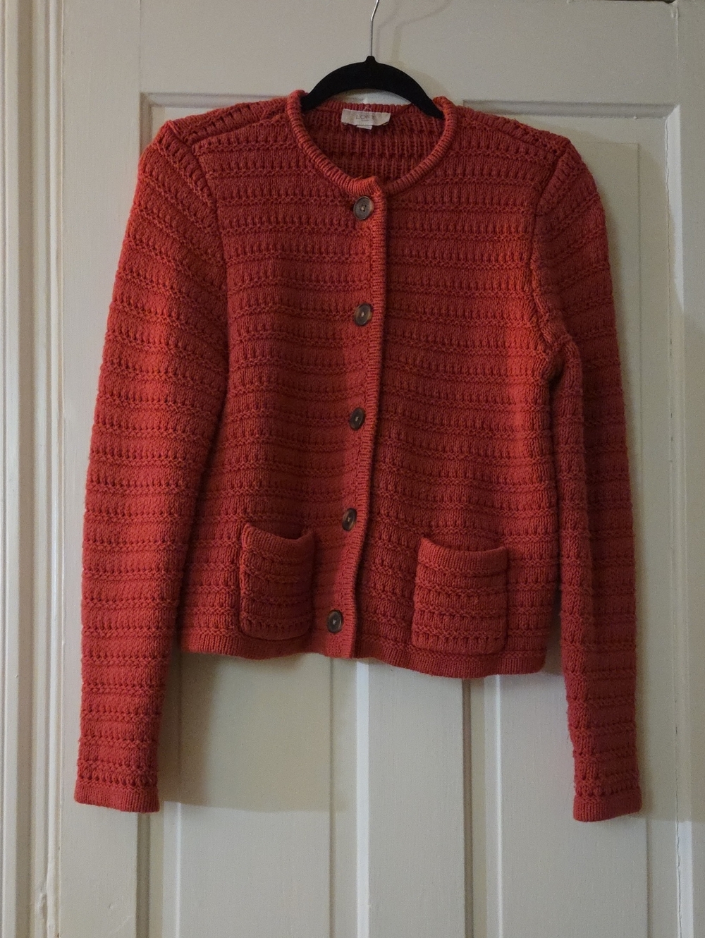 LOFT Rust Coral Textured Knit Button Cardigan Patch Pockets Cotton Fall